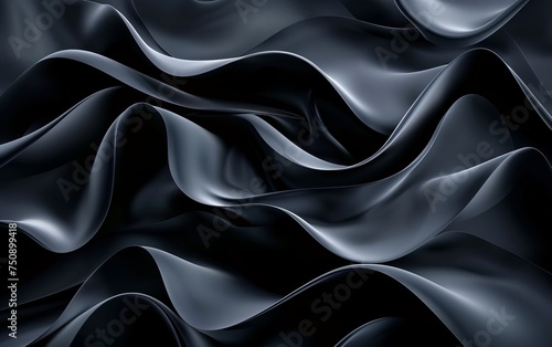 Elegant black silk waves create a luxurious, smooth texture perfect for backgrounds or textile designs. Copy space.