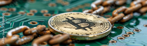Golden bitcoin on the background of the printed circuit board close-up 