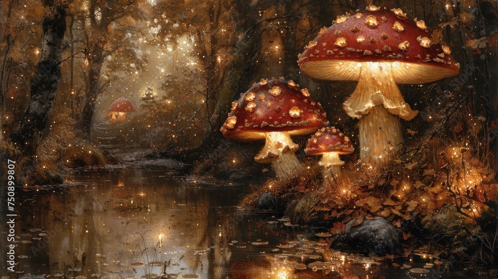 Fototapeta premium a painting of a group of mushrooms in a forest with a stream running through the middle of the forest with lights on them.