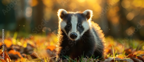 a close up of a raccoon in a field of leaves with the sun shining through the trees in the background. photo