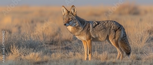 a lone wolf standing in the middle of a field of tall grass and dry grass in the foreground, with a hazy sky in the background. photo