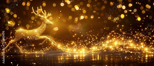 a golden deer is standing in the middle of a dark room with lights on the floor and boke of lights in the background. photo