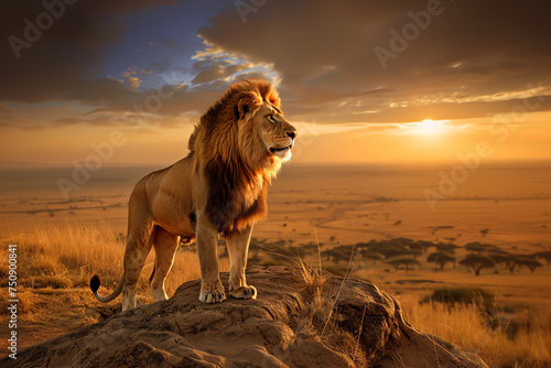 majestic wild lion at sunset, AI generated