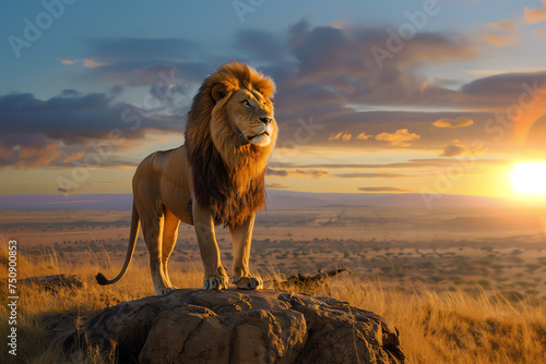 wild lion at sunset, AI generated