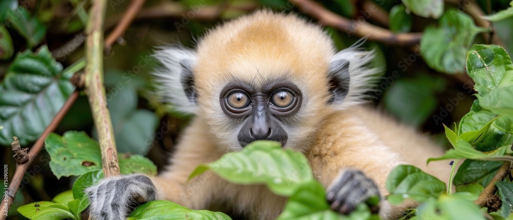 Obraz premium a close up of a monkey in a tree looking at something with a surprised look on it's face.