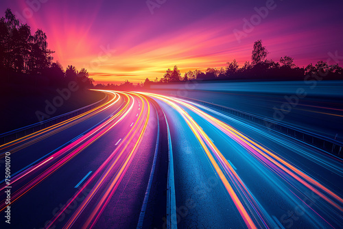 headlight trails on road at evening, AI generated © Frédéric Prochasson