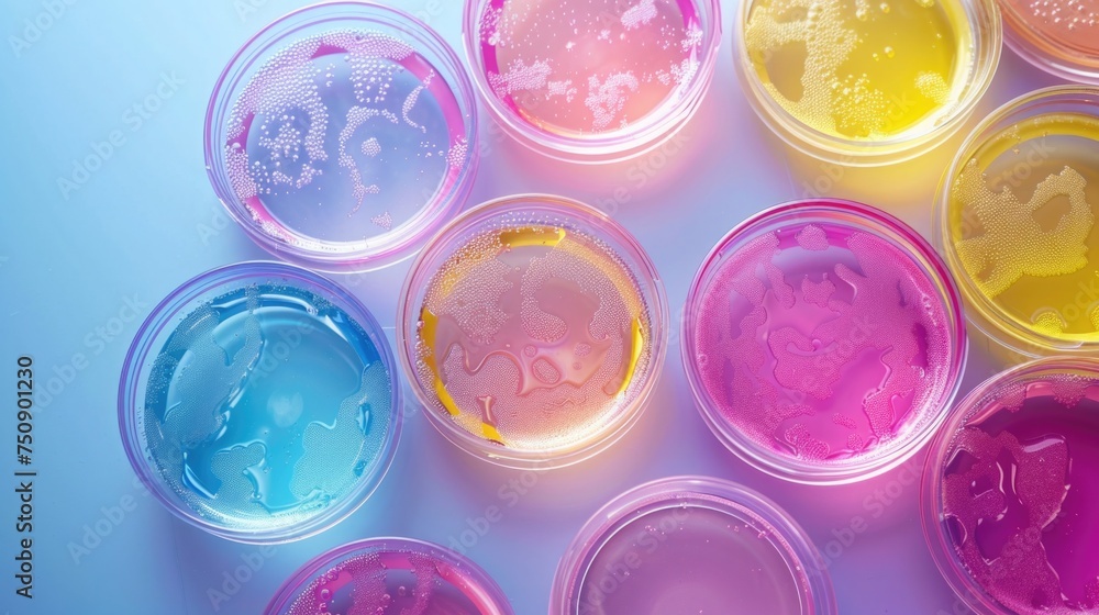 Abstract laboratory concept with Petri dishes containing glowing bacterial colonies with a pastel iridescent effect, minimalist design Abstract laboratory concept with Petri dishes containing glowing bacterial colonies with a pastel iridescent effect, minimalist design