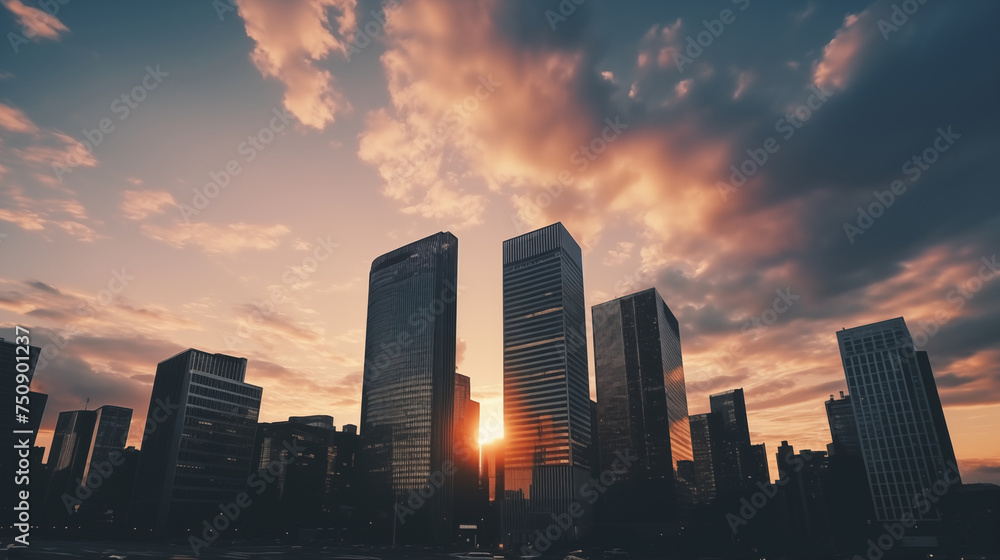 A group of towering buildings against a backdrop of the setting sun creates an abstract business and finance background.