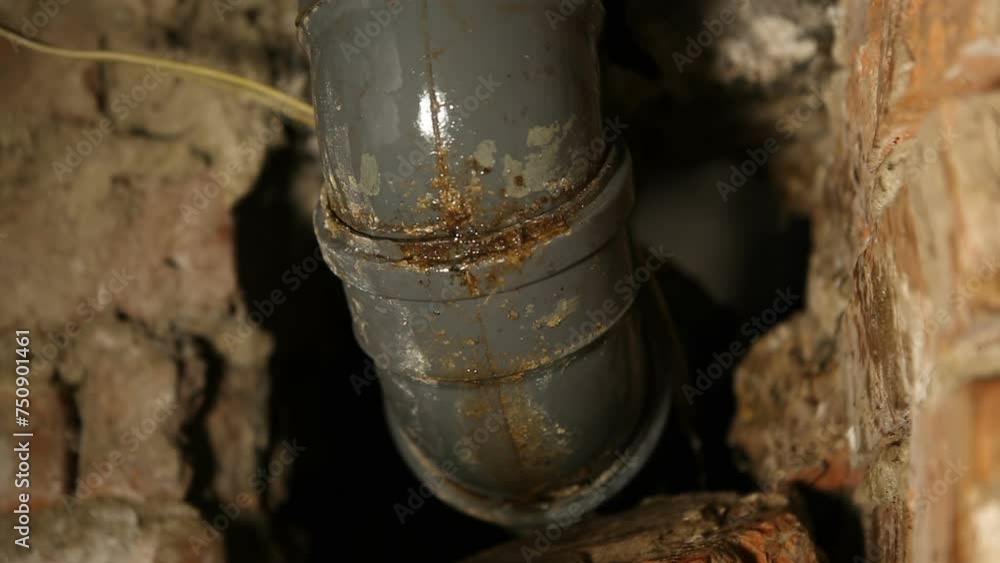 There are plastic sewer pipes leaking in the basement. The gurgle of water in the sewer pipe. A plumber shines a flashlight on old sewer pipes in the basement. Video with sound. Cyclic, endless. There are plastic sewer pipes leaking in the basement. The gurgle of water in the sewer pipe. A plumber shines a flashlight on old sewer pipes in the basement. Video with sound. Cyclic, endless.