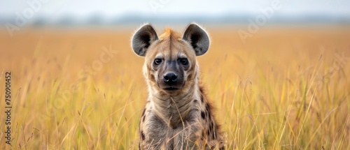 a close up of a hyena in a field of tall grass with a blurry sky in the background.