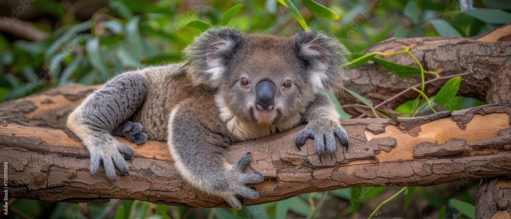 Obraz premium a close up of a koala on a branch of a tree with leaves in the background and a blurry background.