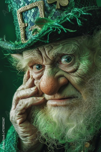 Portrait of a serious Elderly man in a leprechaun hat with a beard  Celebrating St. Patrick s Day