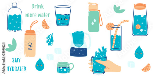 Set of hand drawn glass, bottle with water. Concept of drinking more water, hydration. Cute cartoon elements