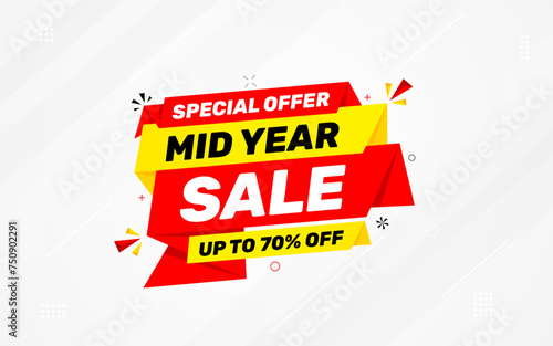 Mid Year Sale banner vector template. New Year Discount vector graphic element. Super shop label Promo design. Product opening festival background collection.