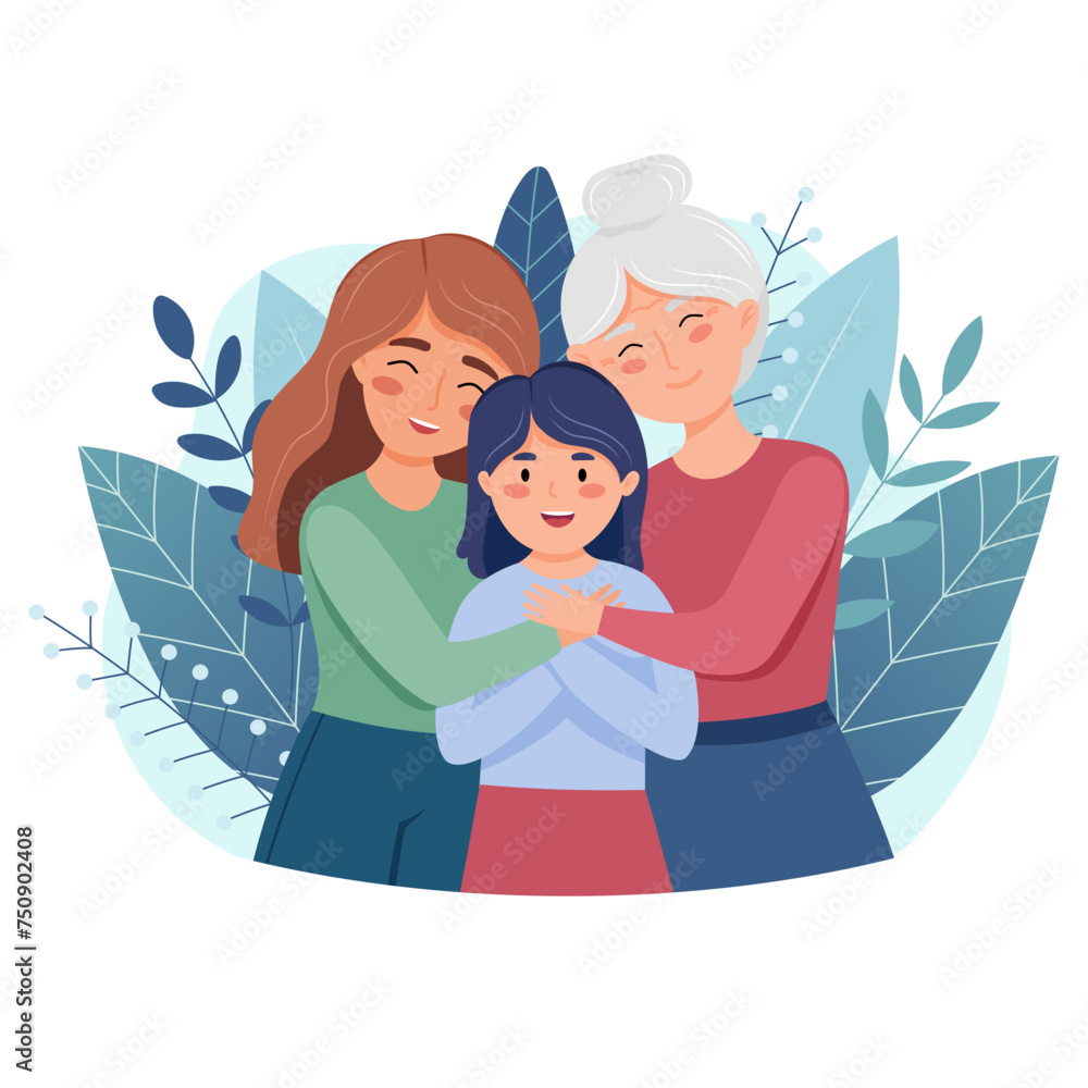 Grandmother, mother and daughter hugging and smiling. Concept of Women Day 8 March, Mothers Day. Hand drawn vector illustration isolated on white background Grandmother, mother and daughter hugging and smiling. Concept of Women Day 8 March, Mothers Day. Hand drawn vector illustration isolated on white background