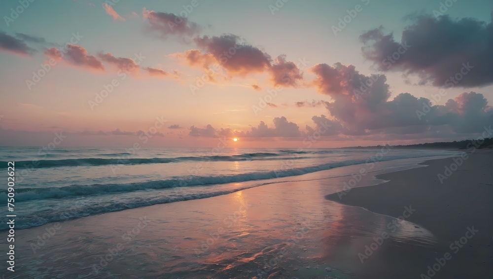 A tranquil beach at sunrise, the sky painted in pastel hues.