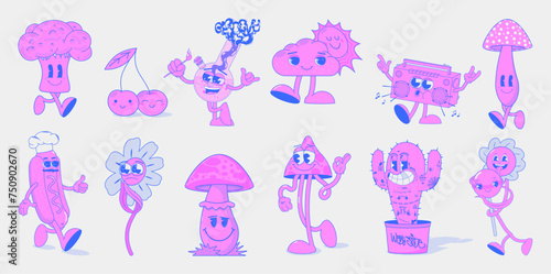Retro cartoon groovy characters in pink colors. Funny characters in funky style, psychodelik, hippie, rave, trippy. Groovy vintage cute heroes, Hot dog, cactus, mushrooms, daisies and others. Vector