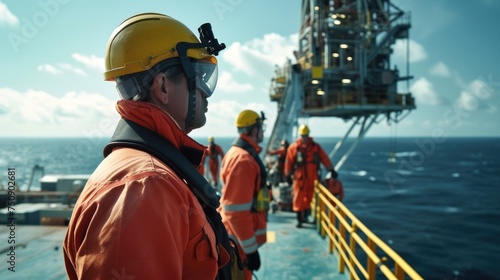 Oil workers, wearing helmets and personal protective equipment, stand on an oil rig in the ocean surrounded by water and the sky. AIG41