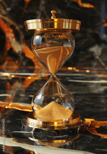 a gold hourglass with gold sand on a dark background