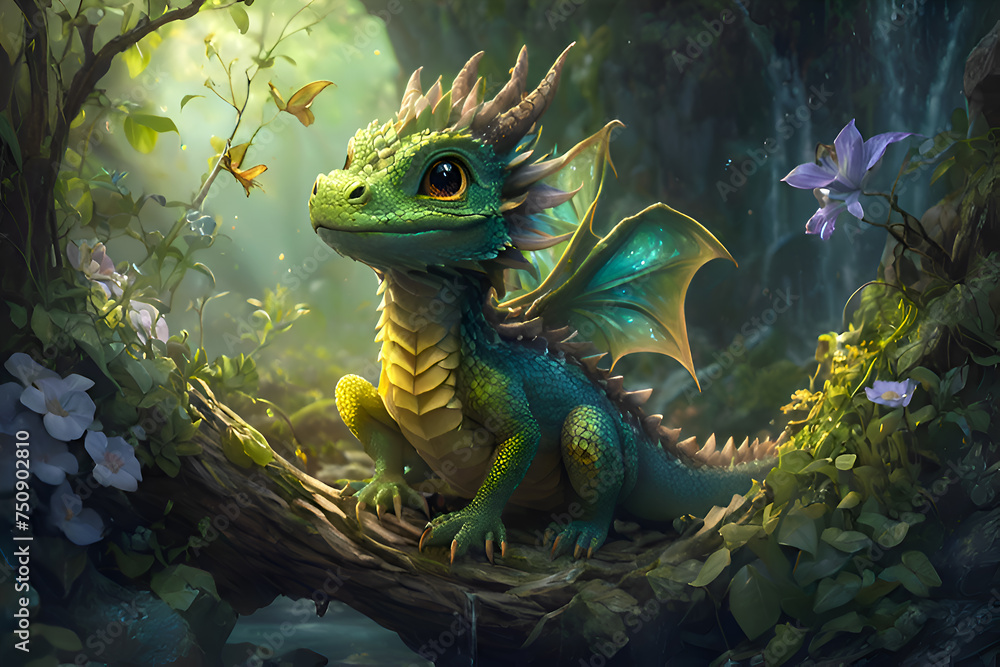adorable cutest dragon kid seating at stone near waterfall around flowers.chinise horoscope symbol. AI generated adorable cutest dragon kid seating at stone near waterfall around flowers.chinise horoscope symbol. AI generated