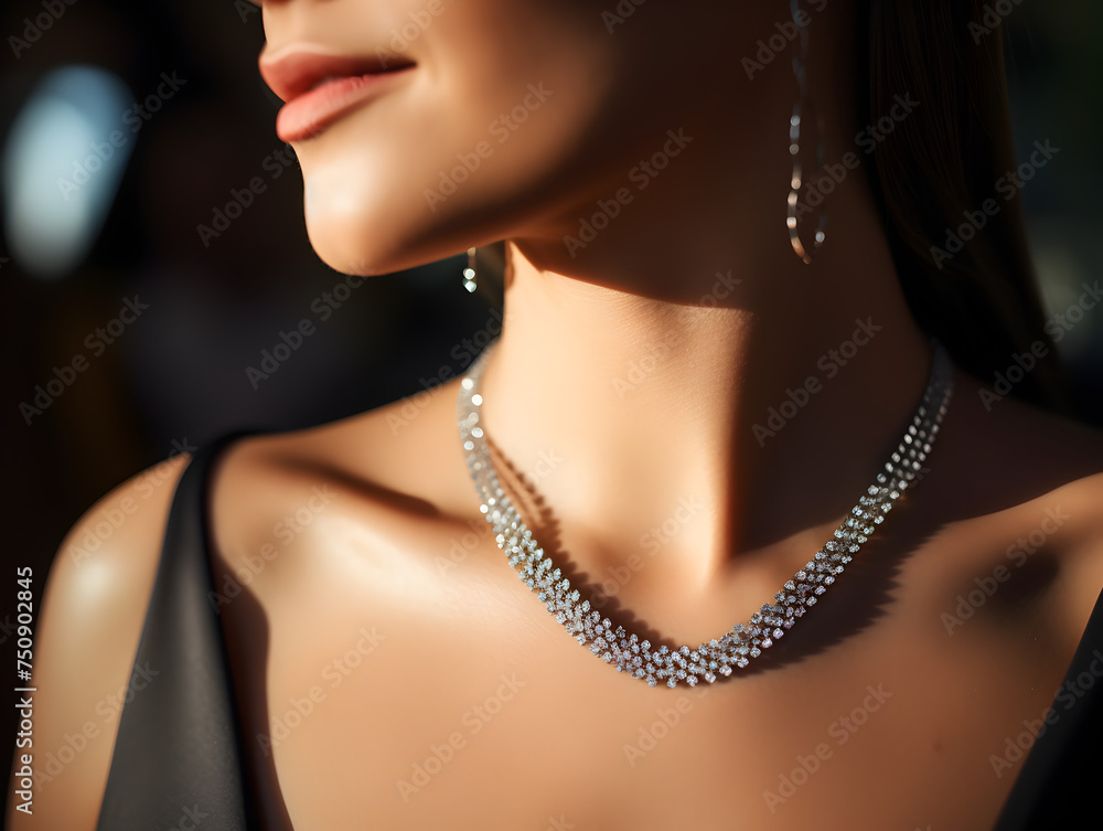 Close up portrait of a diamond necklace on a beautiful woman