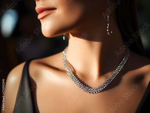 Close up portrait of a diamond necklace on a beautiful woman