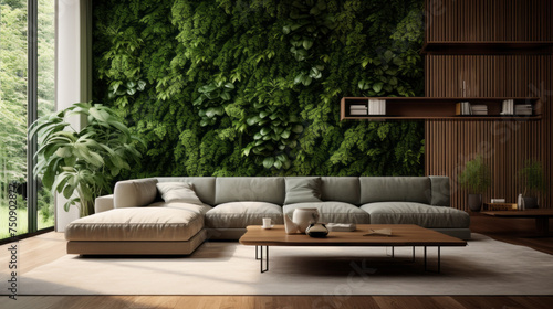 A modern living room featuring a lush green plant wall for added biophilic appeal photo