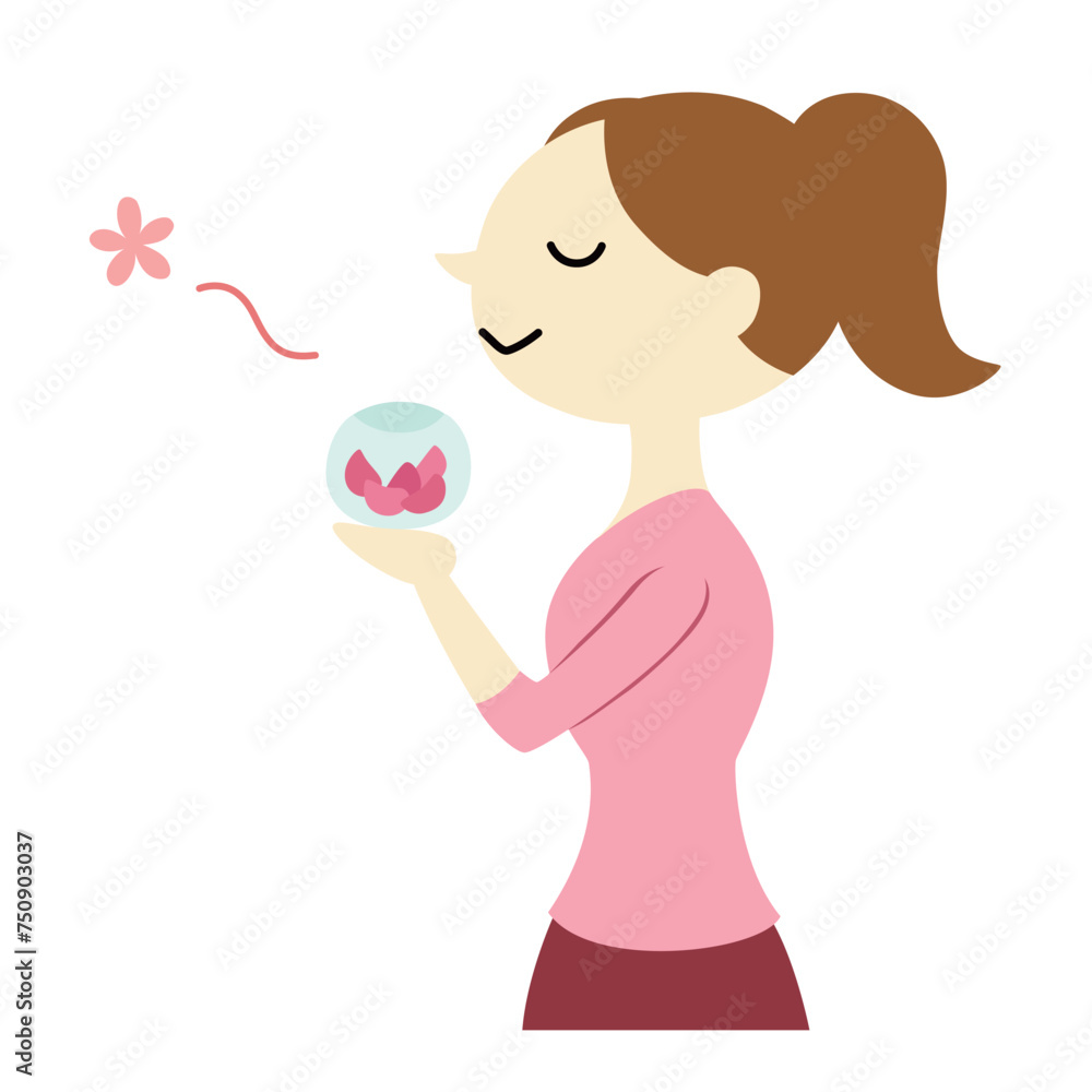 ポプリの香りを楽しむポニーテールの女性　主線なし