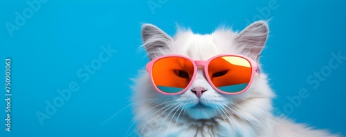 Chic cat donning sunglasses against bright blue background radiating stylish energy. Concept Fashion, Feline, Stylish, Sunglasses, Blue Background © Ян Заболотний
