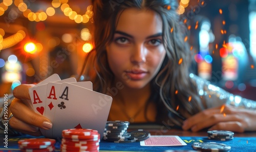 A woman in casino is engrossed in card play