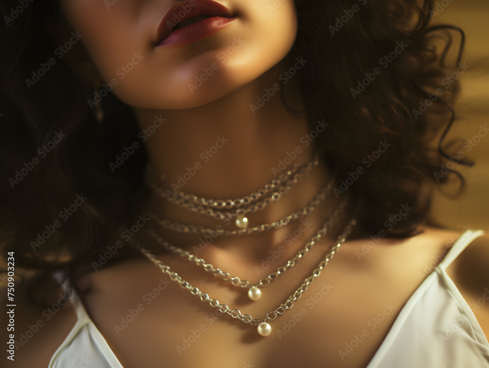 Close up of a hispanic woman's neck with a pearls necklace 