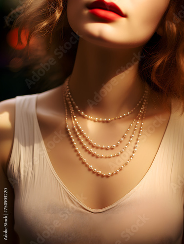 Close up of a pearl necklace on a young woman