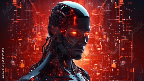 robot humanoid on neon red background