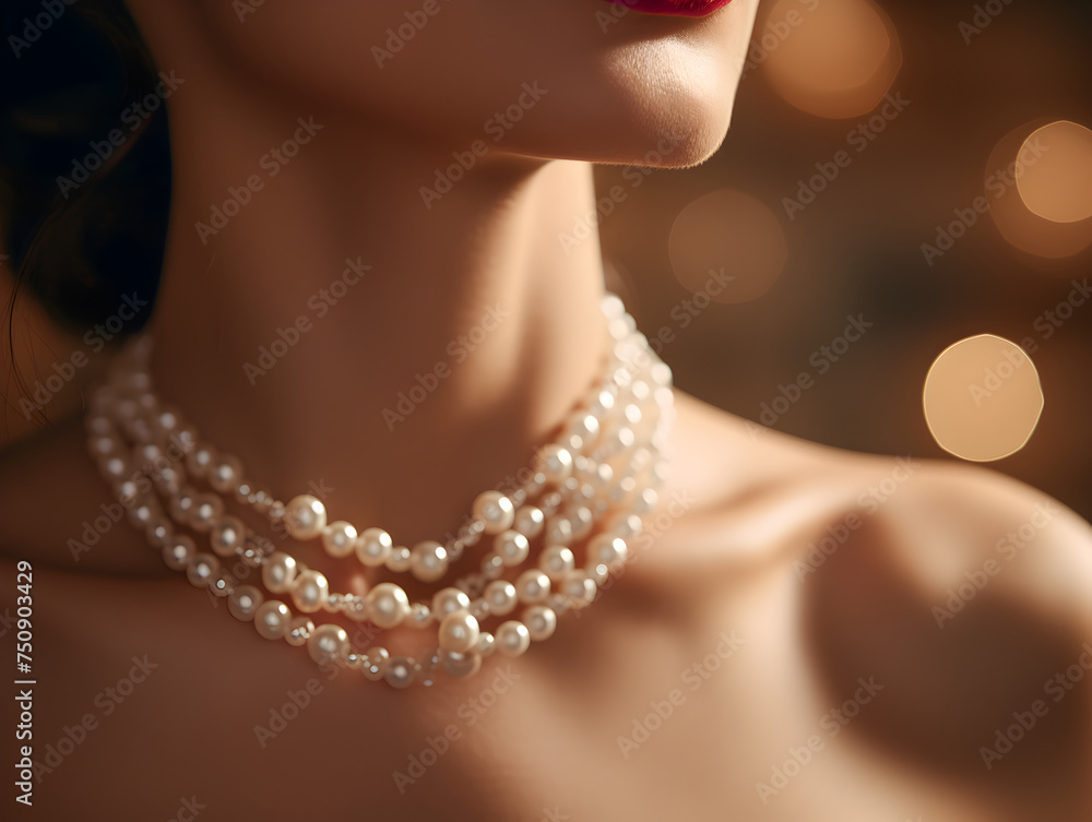 Close up of a pearl necklace on a young woman