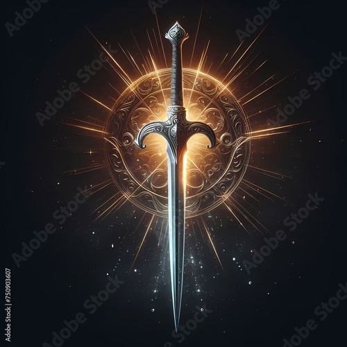  a sword, gleaming in the light against a dark background, with intricate details on the hilt and blade, symbolizing power,strength,perfect for illustrating medieval themes,epic battles ,generative ai photo