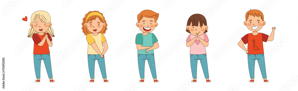 Cute Boy and Girl Showing Emoji Signs Vector Set Cute Boy and Girl Showing Emoji Signs Vector Set