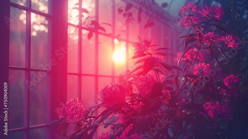a plant in front of a window with the sun shining through the window and the plant in front of the window. photo