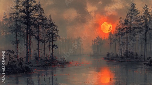 a painting of a sunset over a lake with trees in the foreground and a full moon in the background.