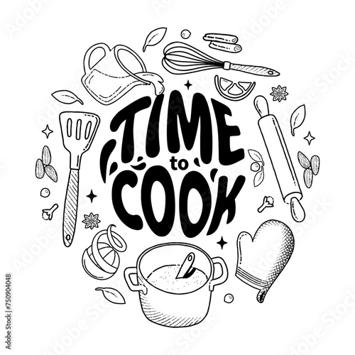 Kitchenware and Cook line ingredients set. Time to cook lettering. Line illustration. Utensils.
