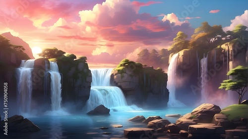 rainbow over the waterfall high quality  8k  ultra HD a beautiful waterfall sunset with cloud aesthetic anime style wallpaper simple background no people 