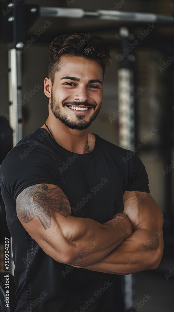 American Male Personal Trainer Smiling with Gym Background American Male Personal Trainer Smiling with Gym Background