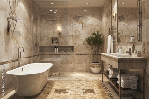 Warmly lit retro bathroom with freestanding tub  capturing a classic yet modern ambiance