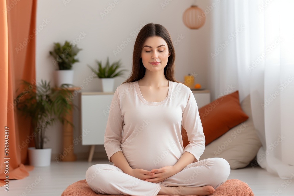 Pregnant Woman Finding Serenity in Yoga and Meditation at Home, Embracing Lotus Pose for Deep Relaxation and Stress Relief to Enhance Well-Being Throughout the Pregnancy Journey. Pregnant Woman Finding Serenity in Yoga and Meditation at Home, Embracing Lotus Pose for Deep Relaxation and Stress Relief to Enhance Well-Being Throughout the Pregnancy Journey.