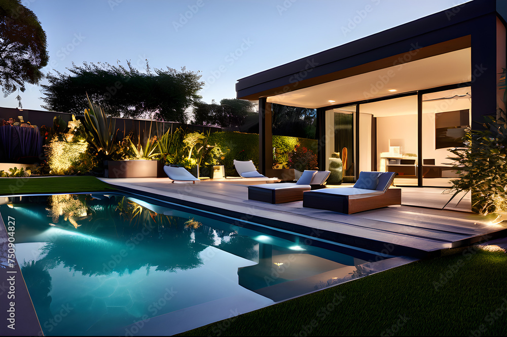 minimalistic luxury garden with swimming pool and modern furniture | led lights and relaxation ambiente