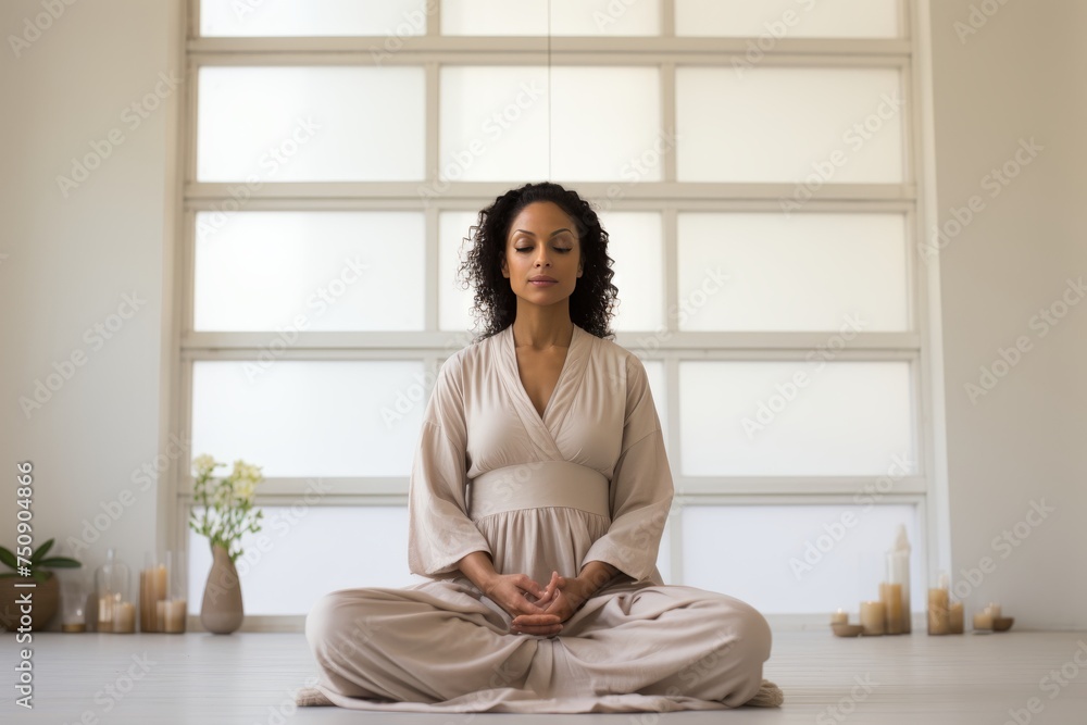 Prenatal yoga supports pregnant women in maintaining balance. This image shows a pregnant woman practicing yoga at home, fostering tranquility. Suitable for prenatal yoga benefits content. Prenatal yoga supports pregnant women in maintaining balance. This image shows a pregnant woman practicing yoga at home, fostering tranquility. Suitable for prenatal yoga benefits content.