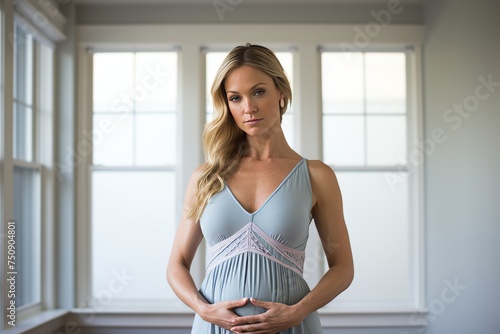 Beautiful pregnant woman standing by a window at home, surrounded by soft natural light - Maternity photo shoot capturing the joy and anticipation of new life and motherhood.