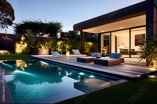 minimalistic luxury garden with swimming pool and modern furniture   led lights and relaxation ambiente © Andreas
