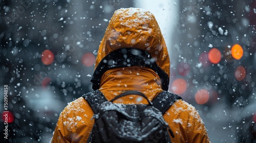 a person wearing an orange jacket and a black backpack walking in the snow with a red traffic light in the background. photo