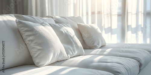 Serene couch adorned with pristine white cushions in bright natural light
