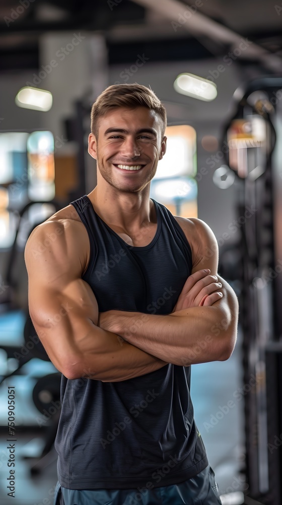 Fototapeta premium American Male Personal Trainer Smiling with Gym Background